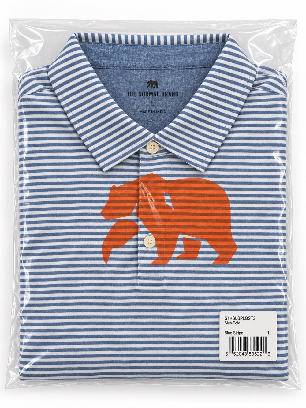 The Normal Brand Men’s Blue Stripe Polo with Orange Bear Graphic